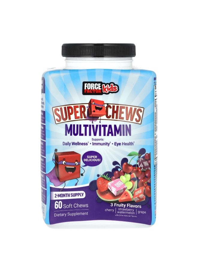 Force Factor Force Factor, Kids, Super Chews Multivitamin, Cherry, Strawberry Watermelon, Grape, 60 Soft Chews  - Image 1