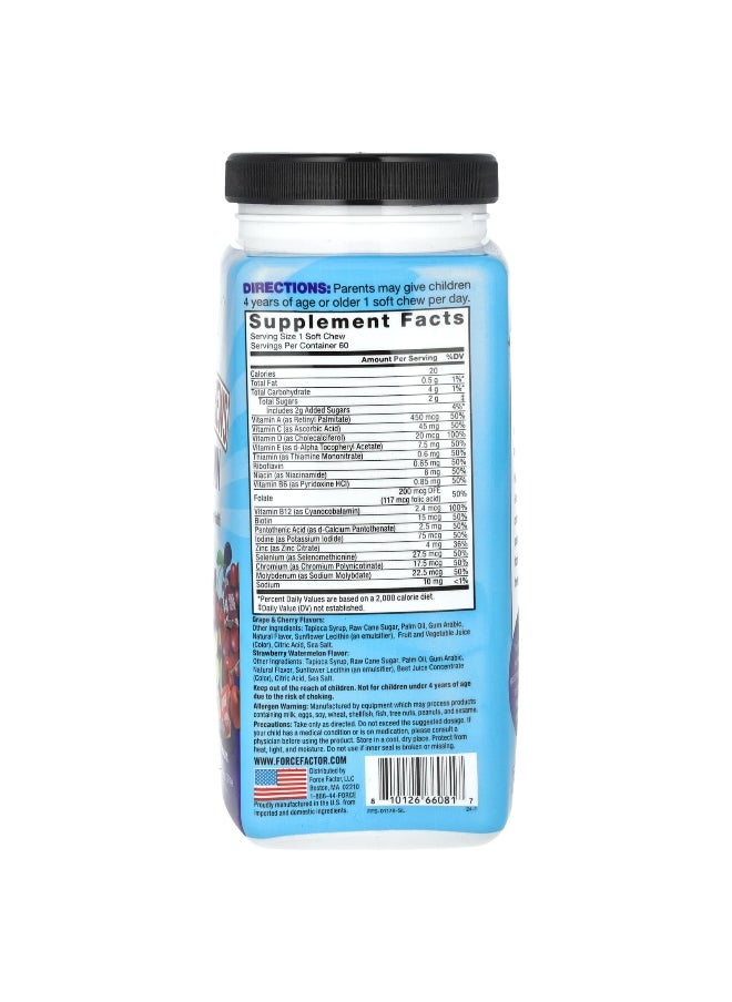 Force Factor Force Factor, Kids, Super Chews Multivitamin, Cherry, Strawberry Watermelon, Grape, 60 Soft Chews  - Image 2