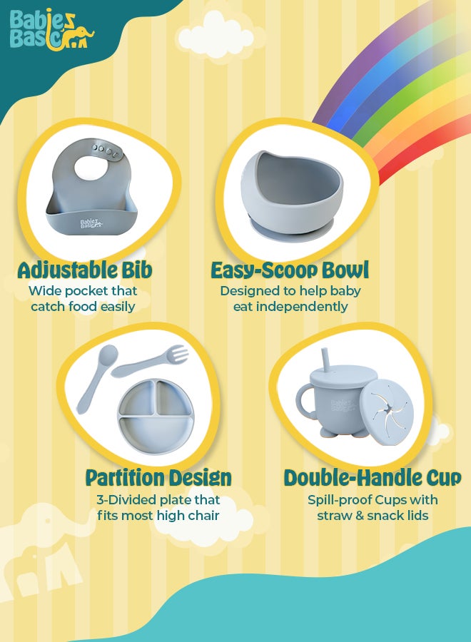 Babies Basic BabiesBasic Feeding Set, 6 Piece, Silicone Plate, Bowl, Bib, Spoon , Fork and  2 in 1 Cup - Gray