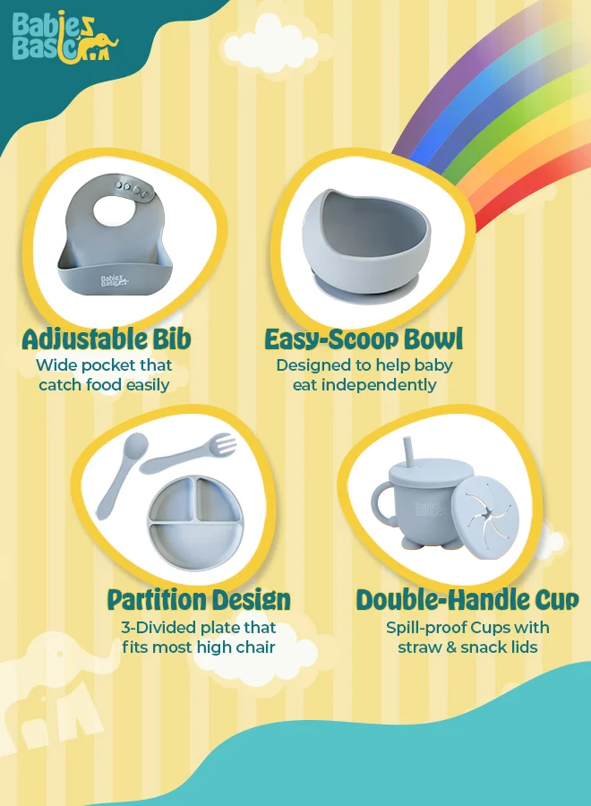 Babies Basic BabiesBasic Feeding Set, 6 Piece, Silicone Plate, Bowl, Bib, Spoon , Fork and  2 in 1 Cup - Gray
