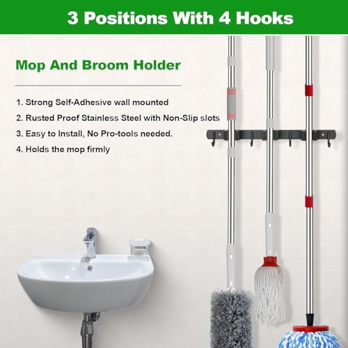 Boniry Broom Holder and Mop Organizer | Mop Holder For Wall Without Drilling with 3 Slots and 4 Hooks for Kitchen, Garage, Garden, and Utility | Space Saving Cleaning Tool Organizer (Black) - Image 3