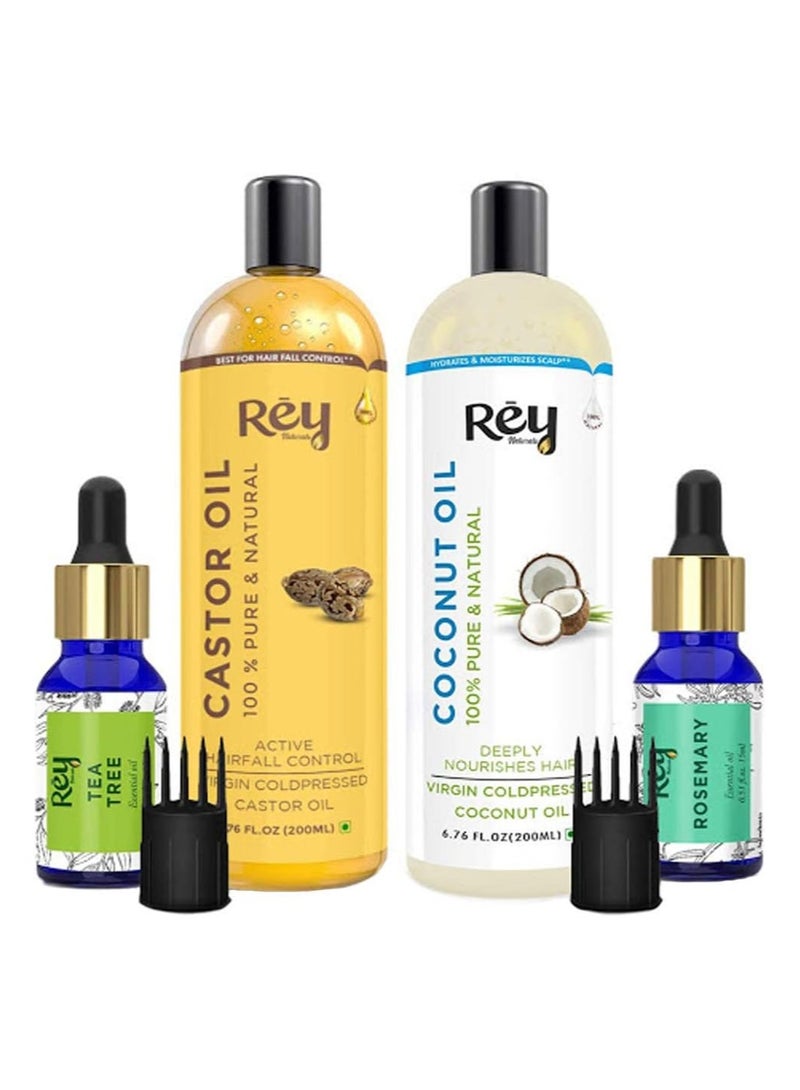 Rey Naturals ReyNaturals hair oils combo/hair care kit (Castor oil + Coconut oil + Tea tree oil + Rosemary oil) controls hairfall - Image 1