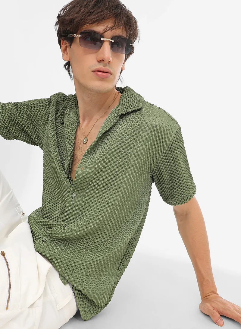 Campus Sutra Men's Olive Green Puffy-Textured Shirt For Casual Wear | Cuban Collar | Short Sleeve | Button Closure | Shirt Crafted With Comfort Fit For Everyday Wear