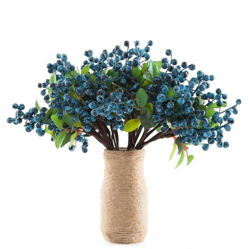 SHACOS Artificial Blue Berry Stems Pack of 20 Fake Blue Berries with Green Leaves 98 inch Fake Blueberries Picks for Christmas Decorations Crafts Holiday Home Decor 20 PCS Berry Blue