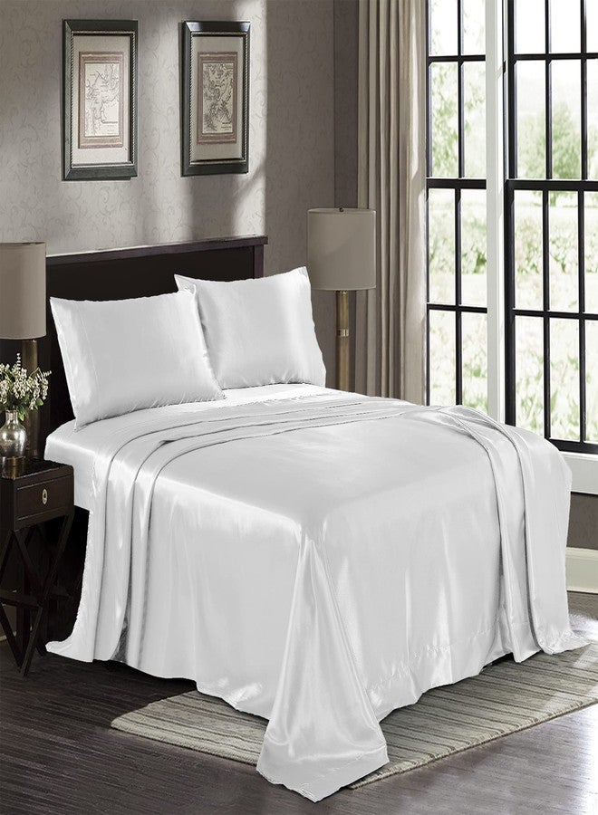 Pure Bedding Satin Sheets Queen [4-Piece, White] Hotel Luxury Silky Bed Sheets - Extra Soft 1800 Microfiber Sheet Set, Wrinkle, Fade, Stain Resistant - Deep Pocket Fitted Sheet, Flat Sheet, Pillow Cases - Image 1