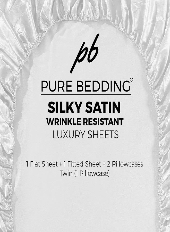 Pure Bedding Satin Sheets Queen [4-Piece, White] Hotel Luxury Silky Bed Sheets - Extra Soft 1800 Microfiber Sheet Set, Wrinkle, Fade, Stain Resistant - Deep Pocket Fitted Sheet, Flat Sheet, Pillow Cases - Image 5