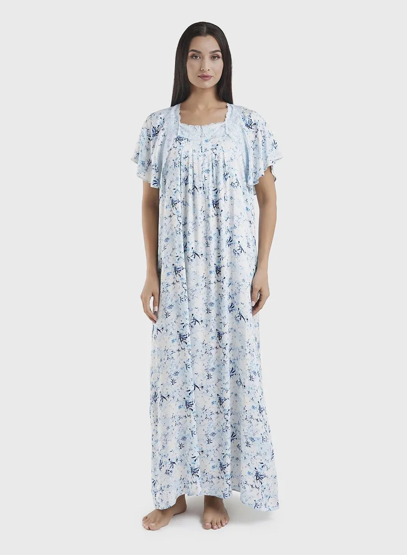 Kashkha Blue Viscose Floral Print Nightwear Dress (CNH448)