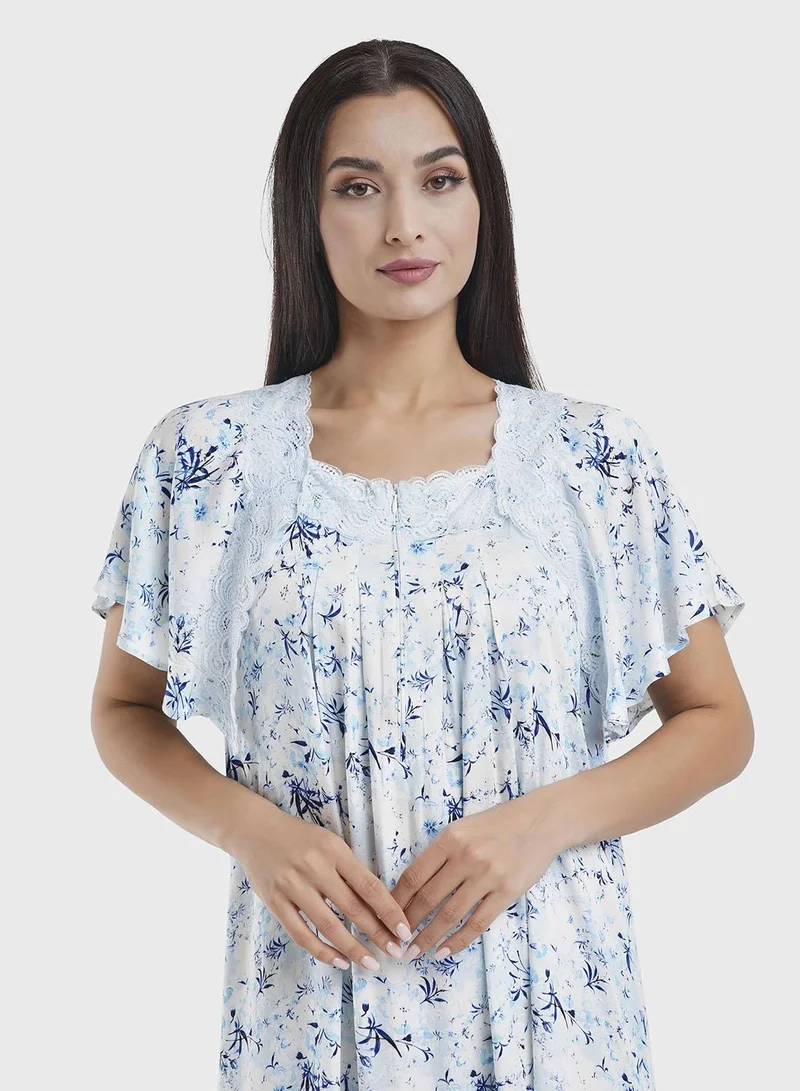 Kashkha Blue Viscose Floral Print Nightwear Dress (CNH448)