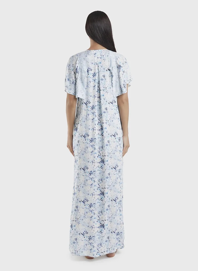 Kashkha  Blue Viscose Floral Print Nightwear Dress (CNH448) for Women | Best Price UAE