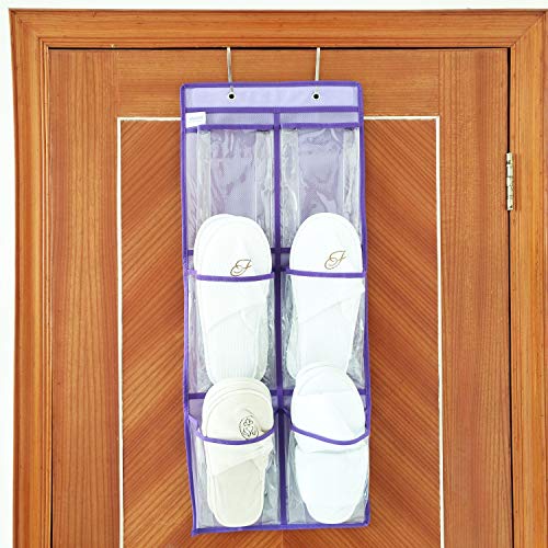 ANIZER Over The Door Hanging Shoe Organizer Narrow Closet Door Shoe Storage 6 Large Clear Pockets Chart 2 Pack (PURPLE) - Image 5