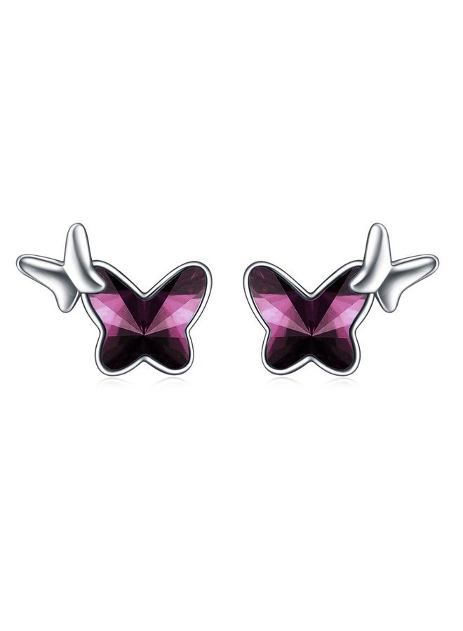 AOBOCO Sterling Silver Infinity Butterfly Earrings Embellished With Crystals From Austria Hypoallergenic Stud Earrings Anniversary Birthday Butterfly Jewelry Gifts For Women (Purple Two Butterfly) - Image 1