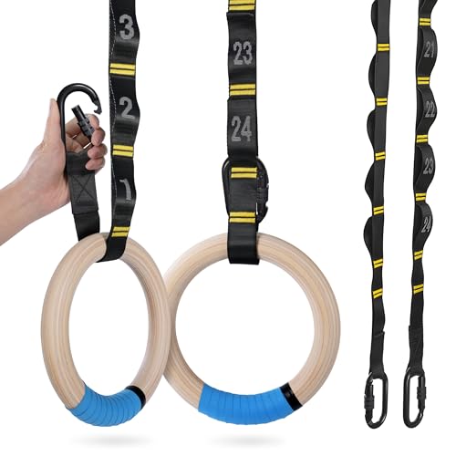 PACEARTH Wooden Gymnastics Rings Set with 8.5ft Numbered Daisy Chains and Quick Carabiners 32mm Thick Wood Gym Rings 1500lbs for Full-Body Workout at Home on Crossfit Calisthenics Strength Training - Image 1