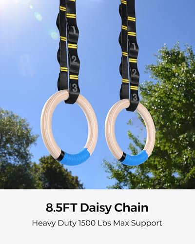PACEARTH Wooden Gymnastics Rings Set with 8.5ft Numbered Daisy Chains and Quick Carabiners 32mm Thick Wood Gym Rings 1500lbs for Full-Body Workout at Home on Crossfit Calisthenics Strength Training - Image 2