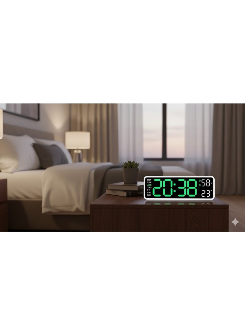 Large 9-inch LED digital clock with dual alarm, auto-dimming, bedroom and bedside alarm, clear numbers with temperature display, white frame with (green) backlight - Image 1
