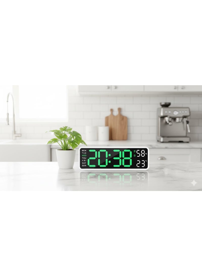 Large 9-inch LED digital clock with dual alarm, auto-dimming, bedroom and bedside alarm, clear numbers with temperature display, white frame with (green) backlight - Image 3