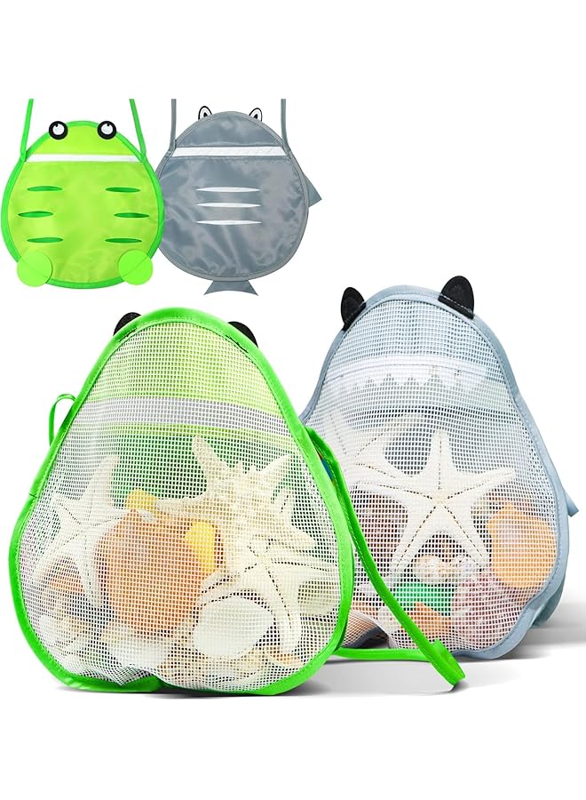 NALACAL حقيبة شاطئ للأطفال مكونة من قطعتين من ألعاب الرمل لجمع الأصداف وحقائب شبكية مع حزام للأطفال باللونين الأخضر والرمادي - Image 1