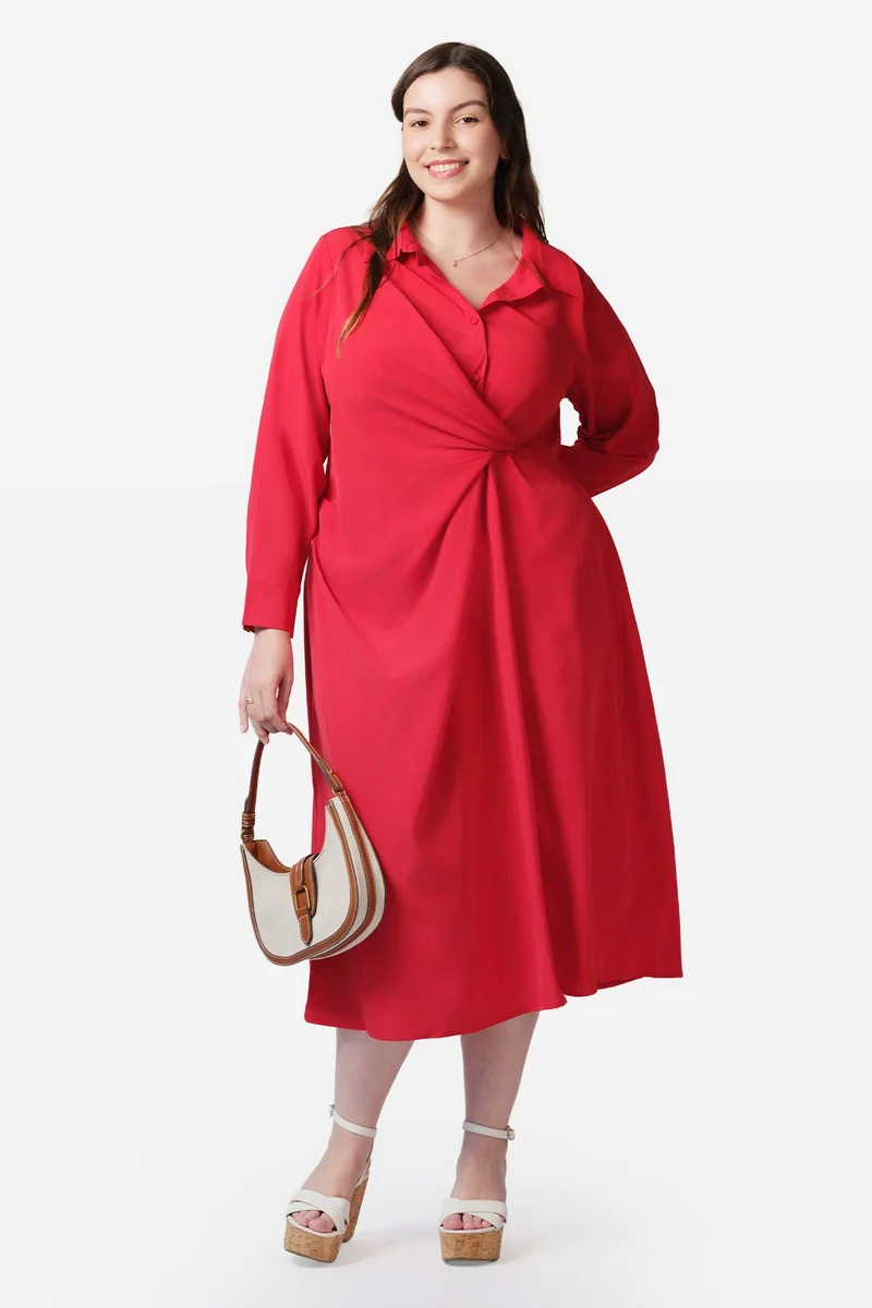 Virgio Solid Modal Draped Midi Shirt Plus Size Dress for Women