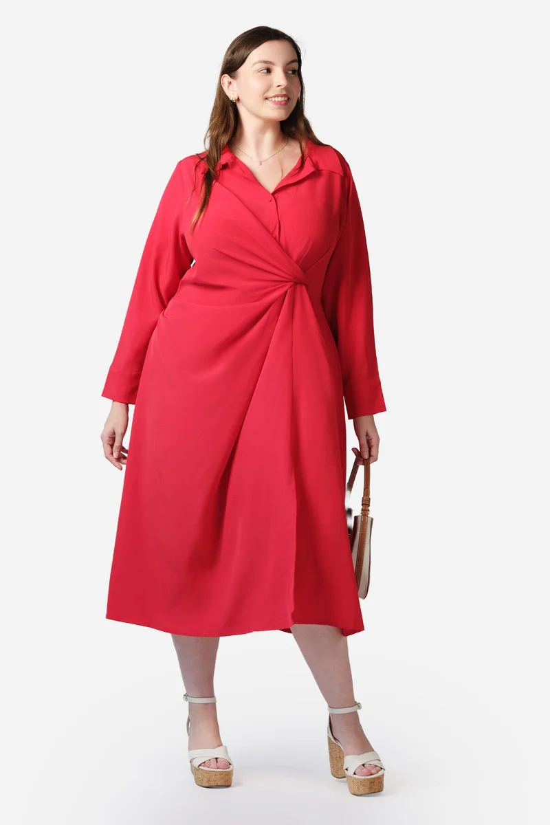 Virgio Solid Modal Draped Midi Shirt Plus Size Dress for Women
