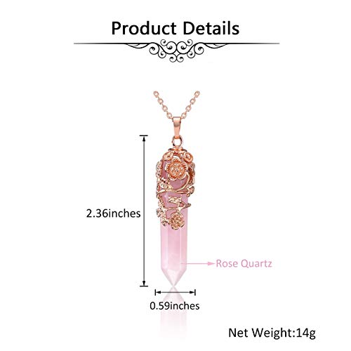 PESOENTH Rose Quartz Crystal Healing Pendant Necklace for Women, Vintage Rose Gold Flower Wrapped Pink Hexagonal Gemstone Healing Point Chakra Stone Necklace Energy Balacing Jewelry Gifts - Image 5