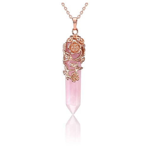 PESOENTH Rose Quartz Crystal Healing Pendant Necklace for Women, Vintage Rose Gold Flower Wrapped Pink Hexagonal Gemstone Healing Point Chakra Stone Necklace Energy Balacing Jewelry Gifts - Image 1