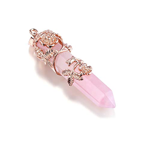PESOENTH Rose Quartz Crystal Healing Pendant Necklace for Women, Vintage Rose Gold Flower Wrapped Pink Hexagonal Gemstone Healing Point Chakra Stone Necklace Energy Balacing Jewelry Gifts - Image 4