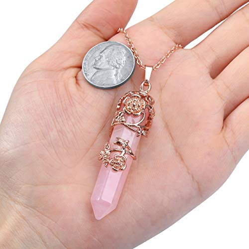 PESOENTH Rose Quartz Crystal Healing Pendant Necklace for Women, Vintage Rose Gold Flower Wrapped Pink Hexagonal Gemstone Healing Point Chakra Stone Necklace Energy Balacing Jewelry Gifts - Image 3