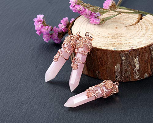 PESOENTH Rose Quartz Crystal Healing Pendant Necklace for Women, Vintage Rose Gold Flower Wrapped Pink Hexagonal Gemstone Healing Point Chakra Stone Necklace Energy Balacing Jewelry Gifts - Image 2