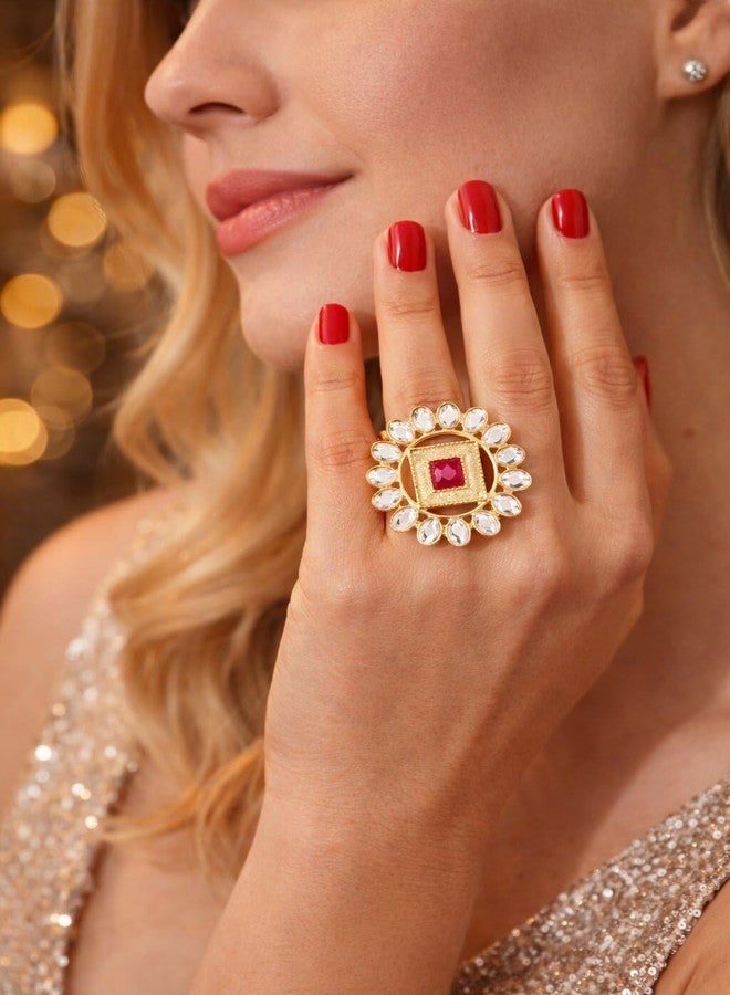 Touchstone New! Touchstone Indian Bollywood Pretty Royal Rajwada Floral Rich Kundan Look Faux Ruby Adjustable Size Designer Wedding Jewelry Cocktail Finger Ring in Gold Tone for Women. - Image 2