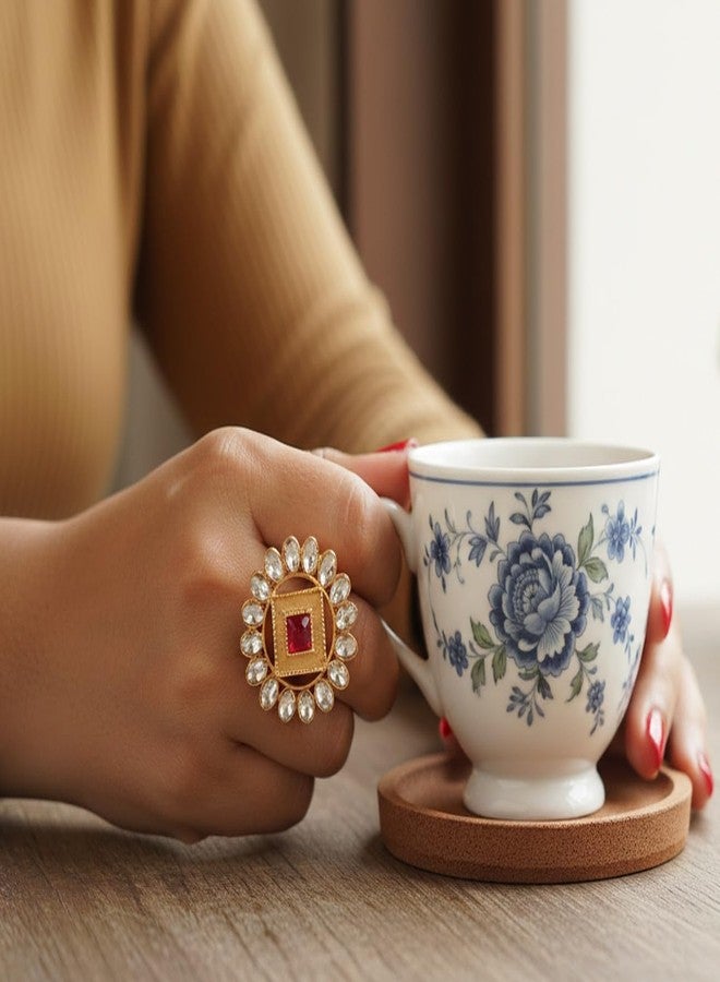 Touchstone New! Touchstone Indian Bollywood Pretty Royal Rajwada Floral Rich Kundan Look Faux Ruby Adjustable Size Designer Wedding Jewelry Cocktail Finger Ring in Gold Tone for Women. - Image 3