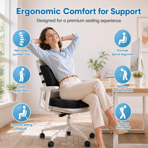 CloudBliss Lumbar Support Pillow & Seat Cushion Set for Office Chair, Desk Chair, Wheelchair & Car – Memory Foam Back Support, Ergonomic Chair Cushions, Sciatica Pain Relief, Home Essentials, Black - Image 3