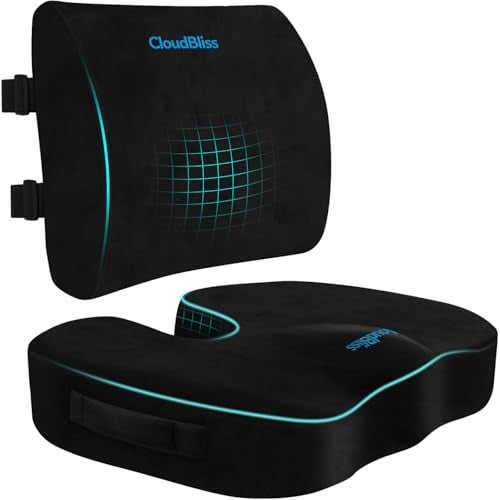 CloudBliss Lumbar Support Pillow & Seat Cushion Set for Office Chair, Desk Chair, Wheelchair & Car – Memory Foam Back Support, Ergonomic Chair Cushions, Sciatica Pain Relief, Home Essentials, Black - Image 1