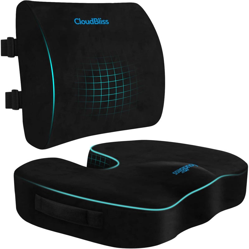 CloudBliss Lumbar Support Pillow & Seat Cushion Set for Office Chair, Desk Chair, Wheelchair & Car – Memory Foam Back Support, Ergonomic Chair Cushions, Sciatica Pain Relief, Home Essentials, Black - Image 2