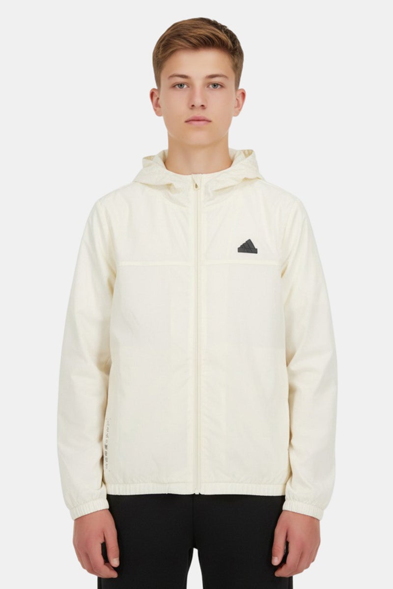 Adidas Kids Boy Loose Fit Long Sleeve Outdoor Windbreaker Jacket, Beige - Image 1