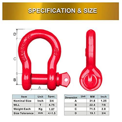 Acando 3/4" Shackle Red D Ring Shackles 4.75T D Ring Towing Heavy Duty Shackle Galvanized & Poweder Coated Anchor Shackle Forged Steel Shackles Max 28.5 Ton (57,000 Lbs) Break Strength Shakle Pack of 2 - Image 5