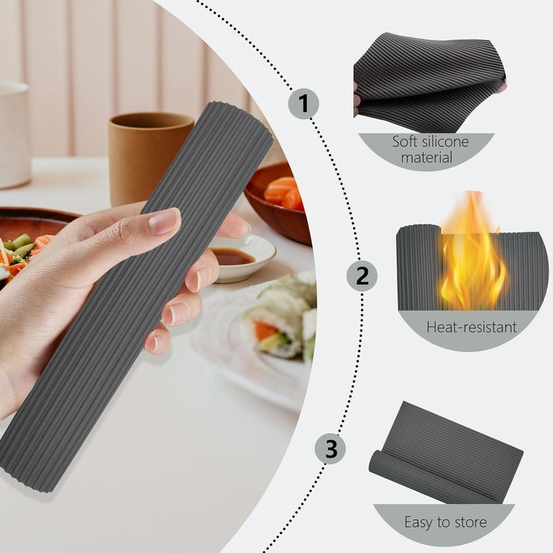 Roucerlin 2 Pcs NonStick Silicone Sushi Rolling Mat Reusable Sushi Roller Mat Easy to Clean Sushi Making Mat Plate Mat for Beginner Homemade Kitchen DIY Gray  Coffee - Image 3