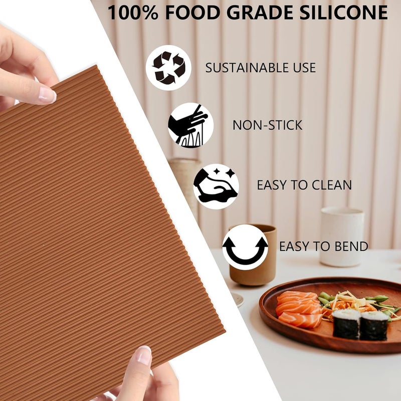 Roucerlin 2 Pcs NonStick Silicone Sushi Rolling Mat Reusable Sushi Roller Mat Easy to Clean Sushi Making Mat Plate Mat for Beginner Homemade Kitchen DIY Gray  Coffee - Image 5