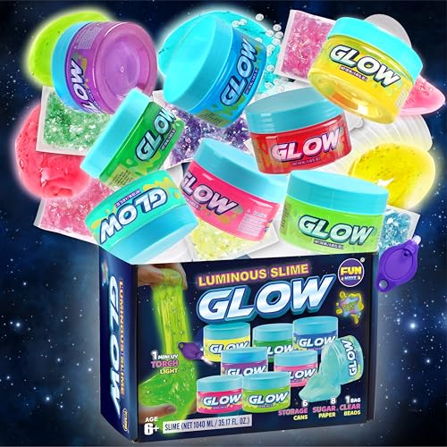 FUN KIDZ 35.16 FL OZ Glow in The Dark Slime for Kids 6+, FunKidz 1040 ML Large Slime 8 Packs Neon Colors Slime Kit Green Blue Pink Yellow Gift for Boys Girls Birthday Party - Image 1