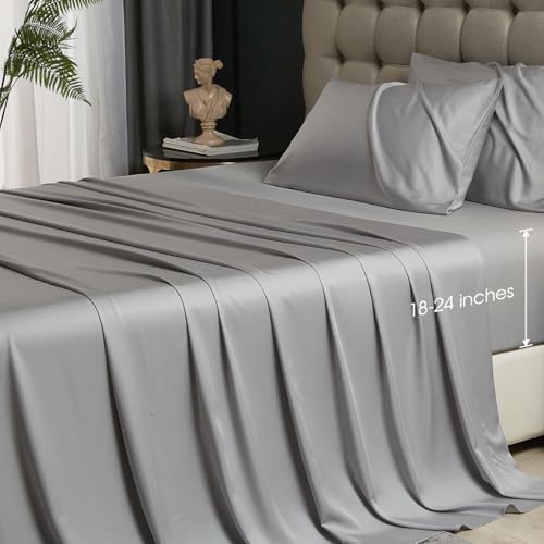 HYPREST Bamboo Derived Rayon Deep Pocket King Sheets  Luxury Silky Cooling Bed Sheets Fits 1824 Thick Mattress Light Grey 4 Count