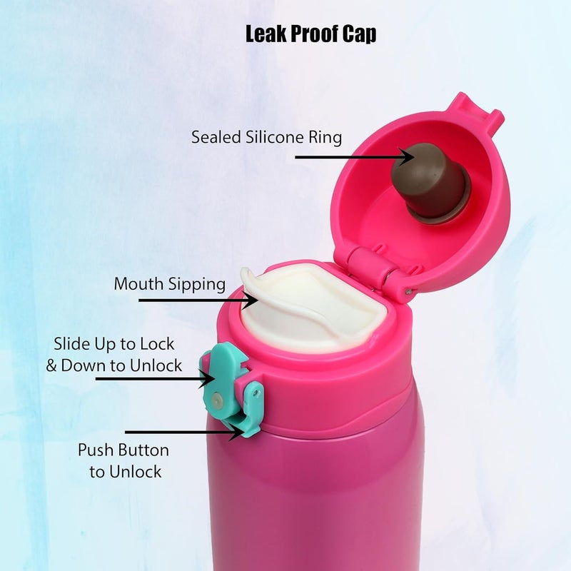 PROBOTT Probott Little 390ml Thermoses Vacuum Insulated Flask for 3-5yrs Kid, Stainless Steel Water Bottle for Kids, Pink | One-Click-Open Locking Flip Lid | Perfect for Toddlers | Leakproof  - Image 4