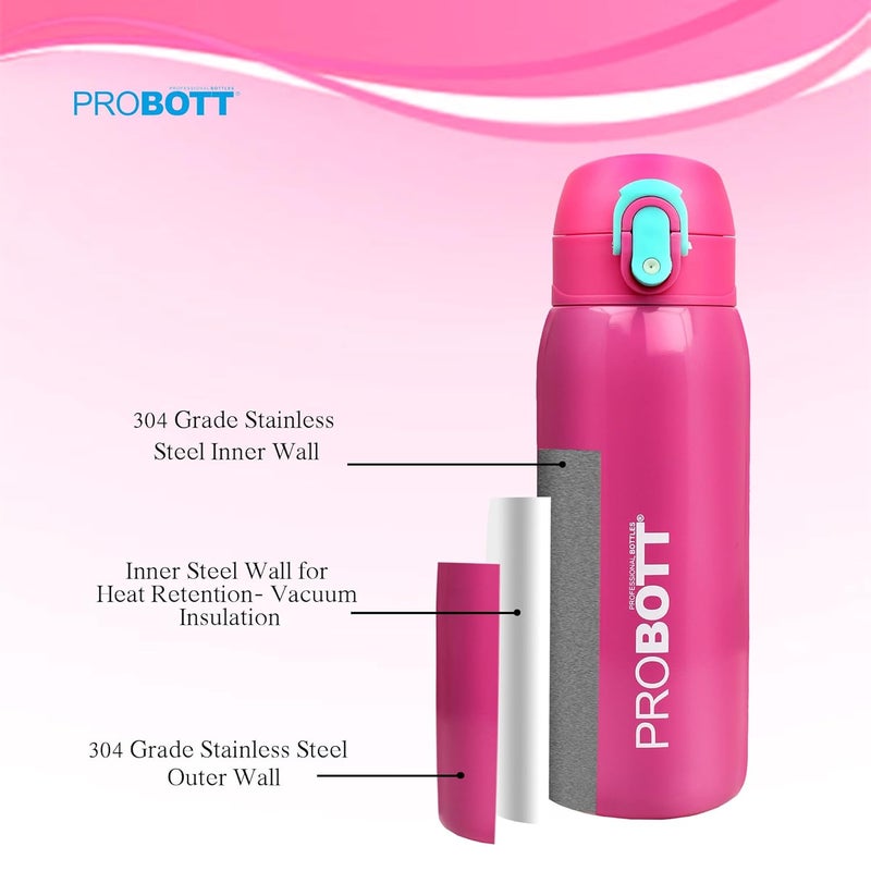 PROBOTT Probott Little 390ml Thermoses Vacuum Insulated Flask for 3-5yrs Kid, Stainless Steel Water Bottle for Kids, Pink | One-Click-Open Locking Flip Lid | Perfect for Toddlers | Leakproof  - Image 2