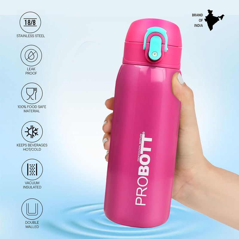 PROBOTT Probott Little 390ml Thermoses Vacuum Insulated Flask for 3-5yrs Kid, Stainless Steel Water Bottle for Kids, Pink | One-Click-Open Locking Flip Lid | Perfect for Toddlers | Leakproof  - Image 3