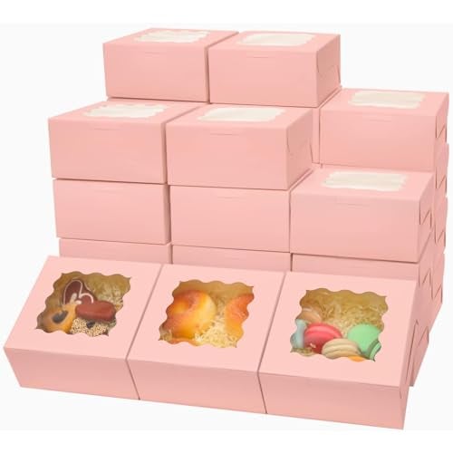 Bakepacker Pink Bakery Boxes with Window 6x6x3 inches Thick & Sturdy Macaroon Pastry Boxes Cookie Boxes for Bakerys（60-Packs） - Image 1