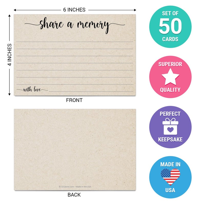321Done Share a Memory Cards for Celebration of Life, Funerals, Birthdays & Anniversaries â€“ Pack of 50, Tan 4x6 Favorite Memory Note Cards - Made in USA - Favors for Guests, Guest Book Alternative - Image 2