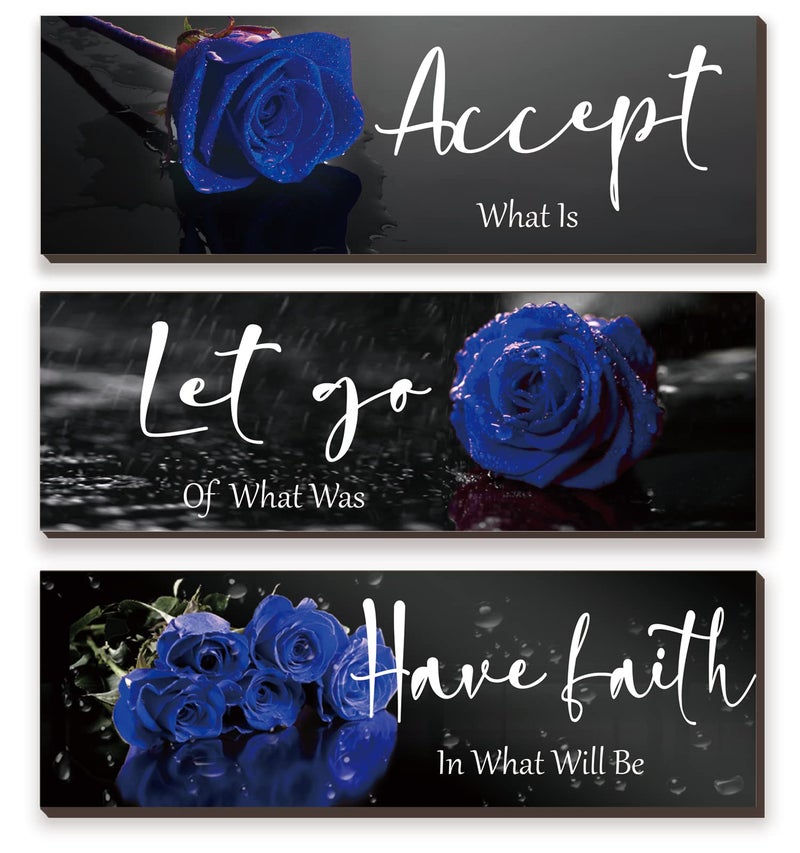 3 Pcs Blue Bathroom Wall Decors Inspirational Blue Decor Wooden Blue Roses Flower Wall Art Office Wall Decor With Accept Let Go Have Faith Quotes For Girl Women Bathroom Bedroom(Blue Rose12 X 4 Inch)