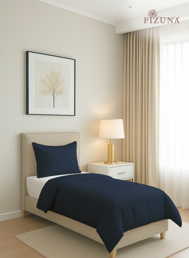 PIZUNA Pure Combed Cotton Duvet Cover Single 140x200 cm Dark Blue, 400 Thread Count Cool Breathable 100% Long Staple Cotton Sateen Weave Quilt Cover & 1 Pillowcase (Luxurious Bedding Set) - Image 1
