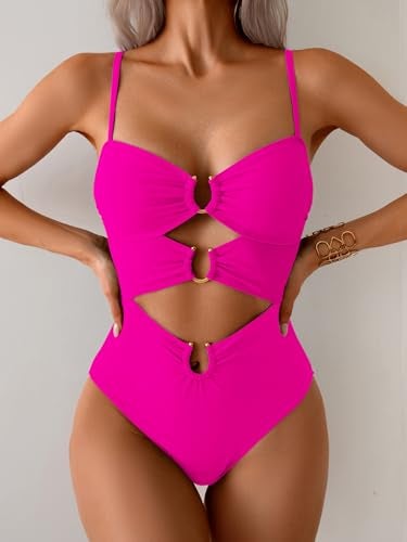 Eomenie Womens Cutout One Piece Swimsuit with Ring Linked Sexy Monokini Bathing Suit for Beach Vacation Hot Pink - Image 4