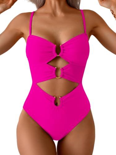 Eomenie Womens Cutout One Piece Swimsuit with Ring Linked Sexy Monokini Bathing Suit for Beach Vacation Hot Pink - Image 1