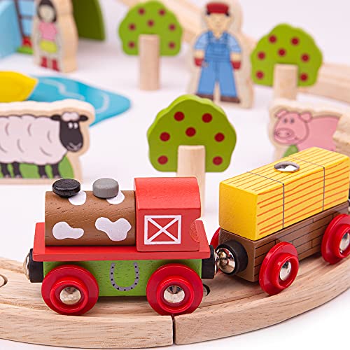 Bigjigs Rail مجموعة قطار الحيوانات الزراعية الخشبية من بيججيج، 44 قطعة، مسار خشبي، محرك وعربات، ألعاب مزرعة، للأطفال من عمر 3 سنوات - Image 3