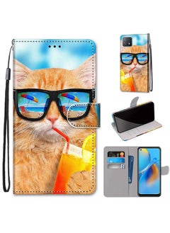 HuHa Case Cover For OPPO A72 5G / A73 5G / A53 5G Coloured Drawing Cross Texture Horizontal Flip PU Leather Case with Holder & Card Slots & Wallet & Lanyard Cat Drinking Soda 