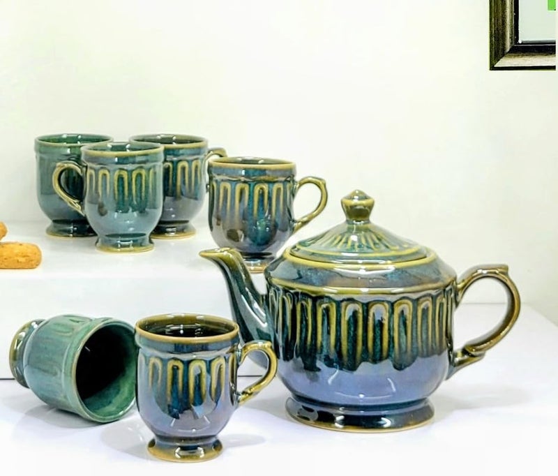 KITTENS Handcrafted Ceramic Tea Set with Kettle - 6 Cups (140ml) - Glossy Green Finish - Microwave & Dishwasher Safe - Food Grade - Elegant Gift Set for Tea Lovers - Image 1